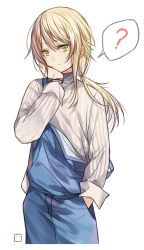 Rule 34 | 1girl, ?, aihara yuzu, alternate costume, bad id, bad pixiv id, blonde hair, blush, chi zu crazy, citrus (saburouta), green eyes, hand in pocket, highres, long hair, long sleeves, looking at viewer, overalls, simple background, solo, spoken question mark, sweater, white background
