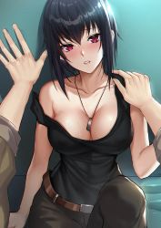 Rule 34 | 1boy, 1girl, against wall, bare shoulders, belt, black hair, black pants, blush, breasts, cleavage, collarbone, full metal panic!, hand on another&#039;s shoulder, head tilt, hetero, highres, jewelry, kabedon, kernel killer, knee up, large breasts, melissa mao, necklace, pants, parted lips, pink eyes, red lips, resolution mismatch, short hair, sitting, solo focus, source smaller, strap slip, tank top, upper body