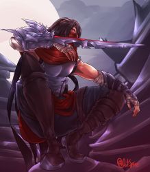 Rule 34 | 1boy, absurdres, armor, bandaged hand, bandages, belt, blade, boots, breastplate, brown footwear, brown hair, cloud, cloudy sky, covered mouth, glowing, glowing eyes, grey sky, hair between eyes, highres, league of legends, long hair, male focus, moon, night, night sky, nillith, outdoors, red eyes, red scarf, rooftop, scarf, signature, sky, solo, squatting, talon (league of legends), twitter username, vambraces, very long hair, weapon