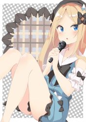 Rule 34 | 1girl, abigail williams (animejapan 2018) (fate), abigail williams (fate), absurdres, bare legs, bare shoulders, black bow, black hat, blonde hair, blue bow, blue dress, blue eyes, blush, bow, collared dress, commentary request, dress, fate/grand order, fate (series), forehead, hands up, hat, highres, holding, holding microphone, long hair, microphone, mola mola, official alternate costume, parted bangs, parted lips, sitting, sleeveless, sleeveless dress, solo, very long hair, white bow