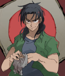 Rule 34 | 1boy, black eyes, black hair, black shirt, closed mouth, commentary request, facial scar, fingernails, gloves, green shirt, grey gloves, inudori, itou kaiji, kaiji, looking at viewer, male focus, medium bangs, open clothes, open shirt, parted bangs, removing glove, scar, scar on cheek, scar on face, shaded face, shirt, short hair, smile, solo, undershirt, upper body, v-shaped eyebrows