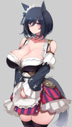 Rule 34 | 10eki (tenchou), 1girl, absurdres, animal ears, apron, bare shoulders, black hair, black thighhighs, blue eyes, breasts, cleavage, closed mouth, collarbone, corset, eishin flash (umamusume), frilled apron, frilled sleeves, frills, grey background, hair between eyes, hair ribbon, heart, highres, horse ears, horse girl, horse tail, huge breasts, large breasts, looking at viewer, red skirt, ribbon, simple background, skirt, solo, standing, striped clothes, striped skirt, tail, thick thighs, thighhighs, thighs, twitter username, umamusume, v arms, vertical-striped clothes, vertical-striped skirt, waist apron, white apron, wide hips, wide sleeves
