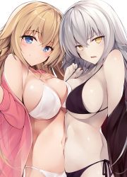 Rule 34 | 2girls, absurdres, bare shoulders, bikini, black bikini, black jacket, blonde hair, blue eyes, blush, breast press, breasts, cleavage, fate/apocrypha, fate/grand order, fate (series), hair between eyes, hand on own chest, highres, jacket, jacket over swimsuit, jeanne d&#039;arc (fate), jeanne d&#039;arc (ruler) (fate), jeanne d&#039;arc alter (avenger) (fate), jeanne d&#039;arc alter (fate), large breasts, long hair, multiple girls, navel, netarou, off shoulder, open clothes, open jacket, pale skin, parted lips, pink jacket, short hair, side-tie bikini bottom, silver hair, simple background, smile, strap pull, swimsuit, symmetrical docking, white background, white bikini, yellow eyes