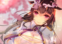 Rule 34 | 1girl, animal ears, azur lane, blurry, blurry background, bow, breasts, brown hair, capelet, cow ears, cow girl, cow horns, hair bow, hand on own chest, horns, huge breasts, kashino (azur lane), long hair, looking at viewer, lucky daikichi, purple eyes, shirt, solo, very long hair, white bow, white capelet, white shirt