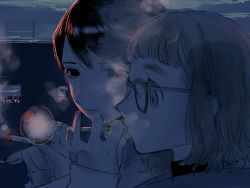 Rule 34 | 2girls, bad id, bad pixiv id, blue theme, blowing bubbles, cigarette, closed mouth, commentary, from side, glasses, katsuoboshi, limited palette, long sleeves, multiple girls, original, outdoors, portrait, profile, short hair, sleeves past wrists, smoke, smoking
