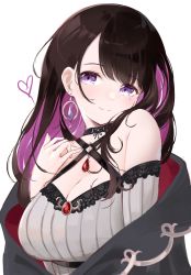 Rule 34 | 1girl, breasts, brown hair, choker, cleavage, colored inner hair, earrings, halterneck, highres, jewelry, koinoya mai, long hair, looking at viewer, mole, mole under eye, multicolored hair, off shoulder, pink hair, propro production, purple eyes, sakkama, simple background, smile, solo, two-tone hair, virtual youtuber, white background