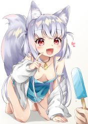 Rule 34 | 1girl, :d, all fours, animal ear fluff, animal ears, bare shoulders, blue dress, blush, breasts, collarbone, commentary request, downblouse, dress, fang, food, fox ears, fox girl, fox tail, full body, gradient background, grey background, hand up, heart, highres, holding, holding food, inumine aya, jacket, long hair, long sleeves, off shoulder, open clothes, open jacket, open mouth, original, out of frame, popsicle, puffy long sleeves, puffy sleeves, red eyes, shadow, silver hair, sleeves past wrists, small breasts, smile, solo focus, strap slip, tail, tail raised, two side up, very long hair, white background, white jacket