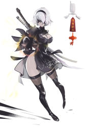 Rule 34 | 1girl, 2b (nier:automata), black thighhighs, blindfold, boots, breasts, brown thighhighs, cleavage, cleavage cutout, clothing cutout, dress, frown, full body, happy new year, hip focus, large breasts, new year, nier:automata, nier (series), pod (nier:automata), push! (pushmylove), short hair, simple background, solo, sword, thighhighs, thighhighs under boots, thighs, turtleneck, turtleneck dress, two-sided fabric, two-sided skirt, weapon, weapon on back, white background, white hair