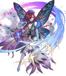 Rule 34 | 1girl, bare shoulders, blue eyes, boots, breasts, brown hair, butterfly wings, cleavage, covered navel, facial mark, fairy, fairy wings, fire emblem, fire emblem heroes, floating, floating object, flower, full body, glowing, hair flower, hair ornament, hair over one eye, haru (hiyori-kohal), highres, insect wings, leg up, medium breasts, nintendo, non-web source, official alternate costume, official art, open mouth, petals, purple hair, sleeveless, sparkle, sword, teeth, thigh boots, thighhighs, thorns, transparent background, triandra (fire emblem), weapon, white thighhighs, wings