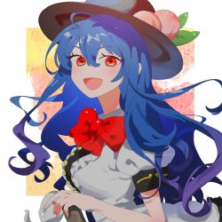 Rule 34 | 1girl, :d, black headwear, blue hair, bow, bowtie, buttons, center frills, collared shirt, commentary, dot nose, eyelashes, frills, fruit hat ornament, hair between eyes, highres, hinanawi tenshi, long hair, looking at viewer, open mouth, outside border, peach hat ornament, red bow, red bowtie, red eyes, shirt, sidelocks, smile, sobamushi mo, solo, sword of hisou, symbol-only commentary, touhou, twitter username, upper body, white shirt, wing collar