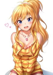 Rule 34 | 10s, 1girl, :d, blonde hair, blouse, blue eyes, blush, bra, bra peek, breasts, cleavage, clothing cutout, collarbone, cutoffs, head tilt, heart, highres, idolmaster, idolmaster cinderella girls, jewelry, long hair, long sleeves, looking at viewer, necklace, ohtsuki yui, open mouth, pendant, ponytail, scrunchie, shirt, short shorts, shorts, shoulder cutout, simple background, smile, solo, striped clothes, striped shirt, takeashiro, underwear, v arms, white background