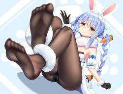 Rule 34 | 1girl, absurdres, animal ear fluff, animal ears, black gloves, black leotard, blue hair, blush, braid, breasts, brown pantyhose, closed mouth, commentary, detached sleeves, dress, dutch angle, feet, food-themed hair ornament, foot focus, fur-trimmed gloves, fur trim, gloves, hair between eyes, hair ornament, highres, hololive, ikazu401, leotard, long hair, looking at viewer, multicolored hair, no shoes, pantyhose, puffy short sleeves, puffy sleeves, rabbit ears, red eyes, short sleeves, sitting, small breasts, smile, soles, solo, strapless, strapless dress, strapless leotard, thick eyebrows, thighs, toes, twin braids, twintails, two-tone hair, usada pekora, usada pekora (1st costume), v-shaped eyebrows, very long hair, virtual youtuber, white dress, white hair, white sleeves