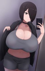 Rule 34 | 1girl, black coat, bob cut, breasts, brown eyes, brown hair, cellphone, choker, cleavage, closed mouth, coat, hair over one eye, highres, huge breasts, nao (ritsancrossover), navel, original, pai-chan (nao (ritsancrossover)), phone, selfie, short hair, shorts, smartphone, solo, standing