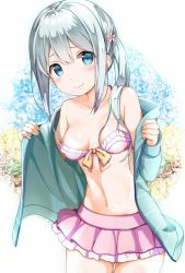 Rule 34 | 10s, 1girl, bare shoulders, bikini, bikini skirt, blue eyes, bow, breasts, breasts apart, closed mouth, collarbone, cowboy shot, eromanga sensei, flower, frilled bikini, frills, front-tie bikini top, front-tie top, hair flower, hair ornament, izumi sagiri, jacket, long sleeves, looking at viewer, multicolored background, na53, navel, off shoulder, one side up, open clothes, open jacket, pink bikini, raised eyebrows, sidelocks, silver hair, small breasts, smile, solo, standing, stomach, strap slip, swimsuit, tareme, thigh gap, yellow bow