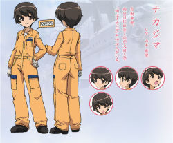 Rule 34 | 10s, 1girl, brown eyes, brown footwear, brown hair, character sheet, concept art, english text, expressions, girls und panzer, gloves, hand on own hip, jumpsuit, long sleeves, mechanic, multiple views, nakajima (girls und panzer), official art, orange jumpsuit, overalls, shirt, shoes, short hair, smile, standing, sugimoto isao, white gloves, white shirt