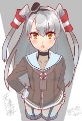 Rule 34 | &gt;:o, 10s, 1girl, :o, amatsukaze (kancolle), bad id, bad pixiv id, brown eyes, character name, collarbone, cowboy shot, dress, frown, garter straps, hair tubes, hairband, hand on own hip, kantai collection, long hair, looking at viewer, nagidori, open mouth, sailor dress, see-through, short dress, silver hair, sketch, solo, thighhighs, twitter username, two side up, v-shaped eyebrows