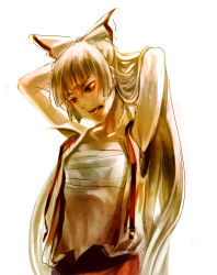 Rule 34 | 1girl, armpits, arms up, bow, female focus, fujiwara no mokou, hair bow, hot, long hair, looking down, mak (kainemaru), open clothes, open shirt, red eyes, sarashi, shirt, silver hair, simple background, solo, suspenders, sweat, tongue, tongue out, touhou, upper body, very long hair, white background