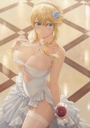 Rule 34 | 1girl, absurdres, alcohol, aqua eyes, artoria pendragon (fate), artoria pendragon (lancer) (fate), bare arms, bare shoulders, blonde hair, blue flower, braid, braided bun, breasts, center opening, cleavage, collarbone, commentary, cup, dress, drinking glass, fate/grand order, fate (series), flower, free style (yohan1754), french braid, from above, garter straps, hair bun, hair flower, hair ornament, hand up, highres, holding, holding cup, jewelry, large breasts, long hair, looking at viewer, necklace, rose, see-through, sleeveless, sleeveless dress, smile, solo, strapless, strapless dress, thighhighs, thighs, tile floor, tiles, white dress, wine, wine glass
