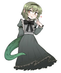 Rule 34 | 1boy, arm behind back, bill (black souls), black bow, black hairband, black souls, bow, bright pupils, closed mouth, collared dress, crossdressing, dress, earrings, frilled dress, frilled sleeves, frills, furrowed brow, green hair, green tail, grey dress, hair between eyes, hairband, hand up, heart, highres, jewelry, juliet sleeves, lizard tail, long sleeves, multiple earrings, nyong nyong, orange eyes, puffy sleeves, ringed eyes, scales, short hair, simple background, smile, solo, tail, tongue, tongue out, trap, white background, white pupils