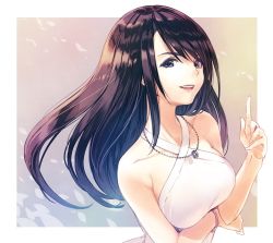Rule 34 | :d, bare shoulders, black hair, bracelet, collarbone, dress, final fantasy, final fantasy viii, grey eyes, hair between eyes, hirano katsuyuki, jewelry, long hair, looking at viewer, necklace, open mouth, rinoa heartilly, smile, straight hair, teeth, upper body, white dress
