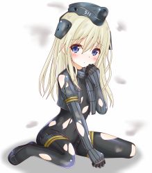 Rule 34 | 10s, 1girl, black dress, black pantyhose, blonde hair, blush, covered navel, cropped jacket, dress, garrison cap, hat, highres, kantai collection, langley1000, long hair, long sleeves, military, military uniform, pantyhose, puffy long sleeves, puffy sleeves, purple eyes, sitting, solo, tears, thigh strap, torn clothes, torn dress, torn pantyhose, u-511 (kancolle), uniform