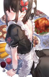 Rule 34 | 1girl, apron, black hair, blunt bangs, blush, breasts, butterfly hair ornament, food, fork, frilled apron, frills, from behind, green eyes, hair ornament, hairband, highres, kfr, looking at viewer, looking back, maid, medium breasts, original, puffy short sleeves, puffy sleeves, short hair, short sleeves, solo, spoon, wrist cuffs