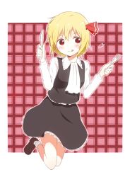 Rule 34 | 1girl, :q, blonde hair, checkered background, fork, hair ribbon, heart, knife, long sleeves, looking at viewer, napkin, nekoze, red background, red eyes, ribbon, rumia, short hair, skirt, solo, tongue, tongue out, touhou, vest
