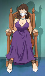 Rule 34 | absurdres, bdsm, bondage, bound, bound ankles, bound wrists, breasts, brown eyes, brown hair, cleavage, cloth gag, dress, earrings, gag, gagged, highres, improvised gag, jewelry, large breasts, lost one zero, lupin iii, mine fujiko, over the nose gag, purple dress, tied to chair