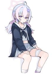 Rule 34 | 1girl, absurdres, bandaged arm, bandaged leg, bandages, black neckerchief, blue archive, closed mouth, cropped legs, gauze, gauze on cheek, grey skirt, hair between eyes, hair ornament, halo, highres, invisible chair, long hair, long sleeves, looking at viewer, low twintails, neckerchief, pearlgang e, pink hair, pleated skirt, purple eyes, purple hair, reisa (blue archive), sailor collar, school uniform, simple background, sitting, skirt, solo, star (symbol), star hair ornament, twintails, white background