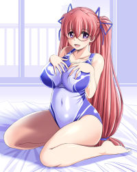 Rule 34 | 1girl, barefoot, black ribbon, breasts, competition swimsuit, covered navel, glasses, hair ribbon, hands on own chest, large breasts, log-mi (tonpuu), long hair, looking at viewer, one-piece swimsuit, original, pink hair, purple eyes, ribbon, sitting, solo, swimsuit, tonpuu, twintails, wariza, wide hips