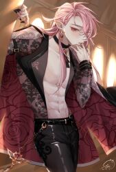 Rule 34 | 1boy, 2023, abs, aster (nu carnival), belt, bishounen, black belt, black choker, black nails, black pants, black shirt, blush, choker, cross, cross earrings, dated, earrings, highres, jewelry, leather, leather pants, long hair, long sleeves, male focus, nu carnival, official alternate hair length, official alternate hairstyle, open clothes, open shirt, pants, pink hair, pointy ears, red eyes, see-through, see-through sleeves, shirt, signature, solo, yau59918781