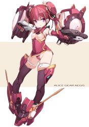 Rule 34 | 1girl, alice gear aegis, blush, breasts, brown background, brown gloves, brown thighhighs, cameltoe, cleft of venus, commentary request, copyright name, dress, dual wielding, full body, gloves, groin, gun, headgear, highleg, highleg panties, highres, holding, holding gun, holding weapon, joints, karukan (monjya), looking at viewer, mecha musume, no nipples, panties, parted lips, pink eyes, red dress, red hair, red panties, revision, robot joints, short dress, sidelocks, sleeveless, sleeveless dress, small breasts, solo, thighhighs, two-tone background, underwear, v-shaped eyebrows, vambraces, wang honghua, weapon, white background