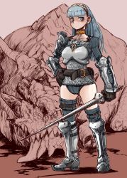 Rule 34 | 1girl, armor, bad id, bad pixiv id, belt, blood, blue eyes, blue hair, chainmail, defeat, dragon, gloves, knight, lance, matching hair/eyes, monster, oomori harusame, original, polearm, solo, spear, sword, thigh strap, weapon