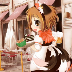 Rule 34 | 1girl, absurdres, alcohol, alternate costume, animal ears, apron, beer, beer mug, black forest cake, brown eyes, brown hair, cafe, cake, cake slice, cat ears, cat tail, chair, chen, cherry, cup, earrings, food, from behind, fruit, german clothes, gingerbread cookie, hair ribbon, hairband, highres, jewelry, kurumai, looking at viewer, looking back, mug, multiple tails, open mouth, outdoors, restaurant, ribbon, short hair, short sleeves, single earring, solo, table, tail, tile floor, tiles, touhou, tray, waist apron, waitress