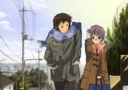 Rule 34 | 10s, 1boy, 1girl, absurdres, bag, blush, brown eyes, brown hair, cityscape, coat, day, glasses, highres, house, kyon, lantern, nagato yuki, official art, outdoors, purple hair, road sign, scarf, short hair, sign, suzumiya haruhi no shoushitsu, suzumiya haruhi no yuuutsu, tree, winter clothes, winter coat