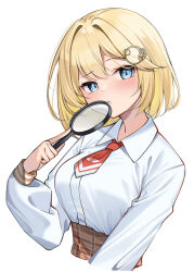 Rule 34 | 1girl, :/, absurdres, blonde hair, blue eyes, blush, breasts, brown skirt, closed mouth, collared shirt, commentary request, hair ornament, head tilt, high-waist skirt, highres, holding, holding magnifying glass, hololive, hololive english, korean commentary, long sleeves, looking at viewer, magnifying glass, medium breasts, necktie, plaid, plaid skirt, raised eyebrow, red necktie, shirt, short hair, short necktie, simple background, skirt, solo, upper body, virtual youtuber, watson amelia, white background, white shirt, ziro (zirorong)