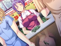 Rule 34 | aniyome chijoku no time sale, aotonbo, apron, blue hair, blush, censored, clerk, clothes lift, cucumber, food, food insertion, masturbation, object insertion, pussy juice, shop, skirt, skirt lift, sneaky, stealth masturbation, vaginal