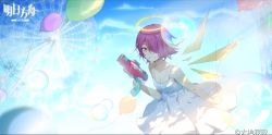 Rule 34 | 1girl, alternate costume, amusement park, arknights, bad id, bad pixiv id, balloon, blue sky, breasts, casual, chinese commentary, choker, cleavage, cloud, cloudy sky, copyright name, cowboy shot, dadijiji, day, detached wings, dress, exusiai (arknights), eyelashes, ferris wheel, grin, hair between eyes, hair over one eye, halo, highres, holding, holding water gun, logo, looking at viewer, medium breasts, outdoors, red eyes, red hair, short hair, sky, sleeveless, sleeveless dress, smile, solo, sunlight, water gun, watermark, white choker, white dress, wings