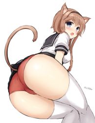 Rule 34 | 10s, 1girl, :o, animal ears, ass, back, blue eyes, blush, breasts, brown hair, cat ears, cat tail, clothes writing, don (29219), embarrassed, eyebrows, from behind, from below, hairband, kantai collection, kemonomimi mode, long hair, looking at viewer, looking back, miniskirt, open mouth, panties, puffy short sleeves, puffy sleeves, red panties, school uniform, serafuku, short sleeves, simple background, sketch, skirt, solo, tail, teruzuki (kancolle), thighhighs, underwear, white background, white thighhighs