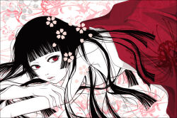 Rule 34 | 1girl, aglio, black hair, blunt bangs, breasts, commentary request, covering privates, enma ai, fingernails, floral background, flower, hime cut, jigoku shoujo, long hair, looking to the side, lying, medium breasts, nude cover, on stomach, open mouth, petals, red eyes, solo, upper body