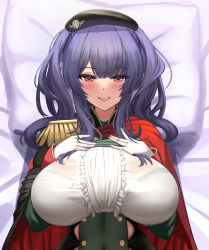 Rule 34 | 1girl, absurdres, azur lane, b-pang, bed sheet, beret, black hat, blue hair, breasts, cape, closed mouth, dakimakura (medium), hat, highres, huge breasts, looking at viewer, lying, on back, pola (azur lane), red eyes, short hair, smile, solo, twintails