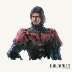 Rule 34 | 1boy, absurdres, beard stubble, black hair, copyright name, copyright notice, elwin rosfield, facial hair, final fantasy, final fantasy xvi, highres, looking to the side, male focus, mustache, official art, simple background, solo, square enix, stubble, takahashi kazuya, upper body