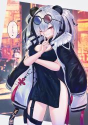 Rule 34 | 1girl, absurdres, animal ears, arknights, breasts, china dress, chinese clothes, cleavage, cleavage cutout, clothing cutout, coat, coat on shoulders, dress, eyewear on head, feater (arknights), finger to mouth, gluteal fold, grey hair, highres, large breasts, multicolored hair, ohichi16, one eye closed, panda ears, pouch, shushing, streaked hair, sunglasses, thigh pouch, twintails