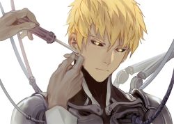 Rule 34 | 2boys, achyue, black sclera, blonde hair, closed mouth, colored sclera, cyborg, dr. kuseno, genos, head tilt, long sleeves, male focus, mechanical parts, multiple boys, one-punch man, screwdriver, simple background, white background