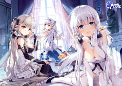 Rule 34 | 3girls, all fours, apron, azur lane, bare shoulders, belfast (azur lane), between breasts, black dress, blue eyes, blush, braid, breasts, cleavage, collar, collarbone, day, dress, earrings, elbow gloves, formidable (azur lane), french braid, frilled dress, frills, gloves, grey hair, hair ornament, hair ribbon, highres, illustrious (azur lane), indoors, jewelry, lace trim, large breasts, long hair, looking at viewer, maid, maid headdress, miyase mahiro, mole, mole under eye, multiple girls, official art, red eyes, ribbon, smile, strapless, strapless dress, thighhighs, twintails, two-tone ribbon, very long hair, white dress, white gloves, white hair, white legwear, window