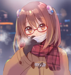 Rule 34 | 1girl, black gloves, blurry, blurry background, blush, breath, brown coat, brown eyes, brown hair, coat, commentary request, depth of field, fringe trim, glasses, gloves, gucchiann, hair between eyes, hair ornament, hand up, highres, long hair, long sleeves, looking at viewer, mask, mouth mask, night, nozomi (princess connect!), nozomi (real) (princess connect!), outdoors, plaid, plaid scarf, princess connect!, red-framed eyewear, red scarf, scarf, solo, star (symbol), star hair ornament, surgical mask, two side up, unmoving pattern, upper body