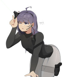 Rule 34 | 1girl, ?, ??, black shirt, commentary request, earpiece, gun, highres, holster, holstered, korean commentary, long hair, long sleeves, muscular, muscular female, oddsnail, one eye closed, open mouth, original, purple eyes, purple hair, shirt, simple background, solo, weapon, white background