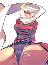 Rule 34 | 1girl, arneb (ryuuji), blue eyes, breasts, cameltoe, cleft of venus, highres, large breasts, light smile, original, partially visible vulva, ryuji (red-truth), scarf, short hair, signature, simple background, solo, spread legs, star (symbol), star print, thick thighs, thighs, white background, white hair, white scarf