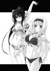 Rule 34 | 10s, 2girls, :o, armpits, bikini, blush, breasts, cecilia alcott, cleavage, drill hair, front-tie top, greyscale, groin, hair ribbon, halterneck, highres, himura kiseki, infinite stratos, large breasts, long hair, looking at viewer, monochrome, multiple girls, navel, open mouth, ribbon, shinonono houki, side-tie bikini bottom, sideboob, smile, source request, stretching, string bikini, swimsuit, twin drills, twintails, underboob