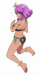 Rule 34 | 1girl, absurdres, ahoge, appleq, ass, bare arms, bare legs, bare shoulders, barefoot, bikini, black bikini, breasts, commentary, commission, copyright request, dark-skinned female, dark skin, earrings, feet, from side, full body, green eyes, highres, hoop earrings, jewelry, kneeling, medium breasts, pixiv commission, print bikini, purple hair, short hair, shoulder blades, simple background, smile, soles, solo, star (symbol), star print, swimsuit, thick eyebrows, toes, white background